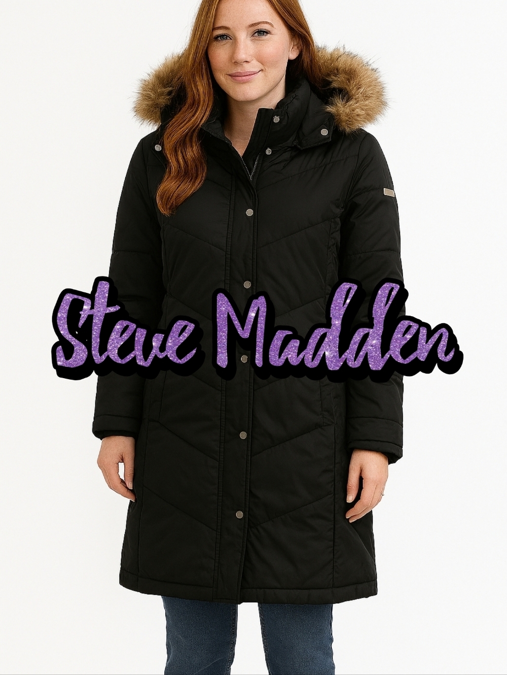 Steve Madden Black Down Puffer Parka Black faux fur-lined hood Women's Size S
